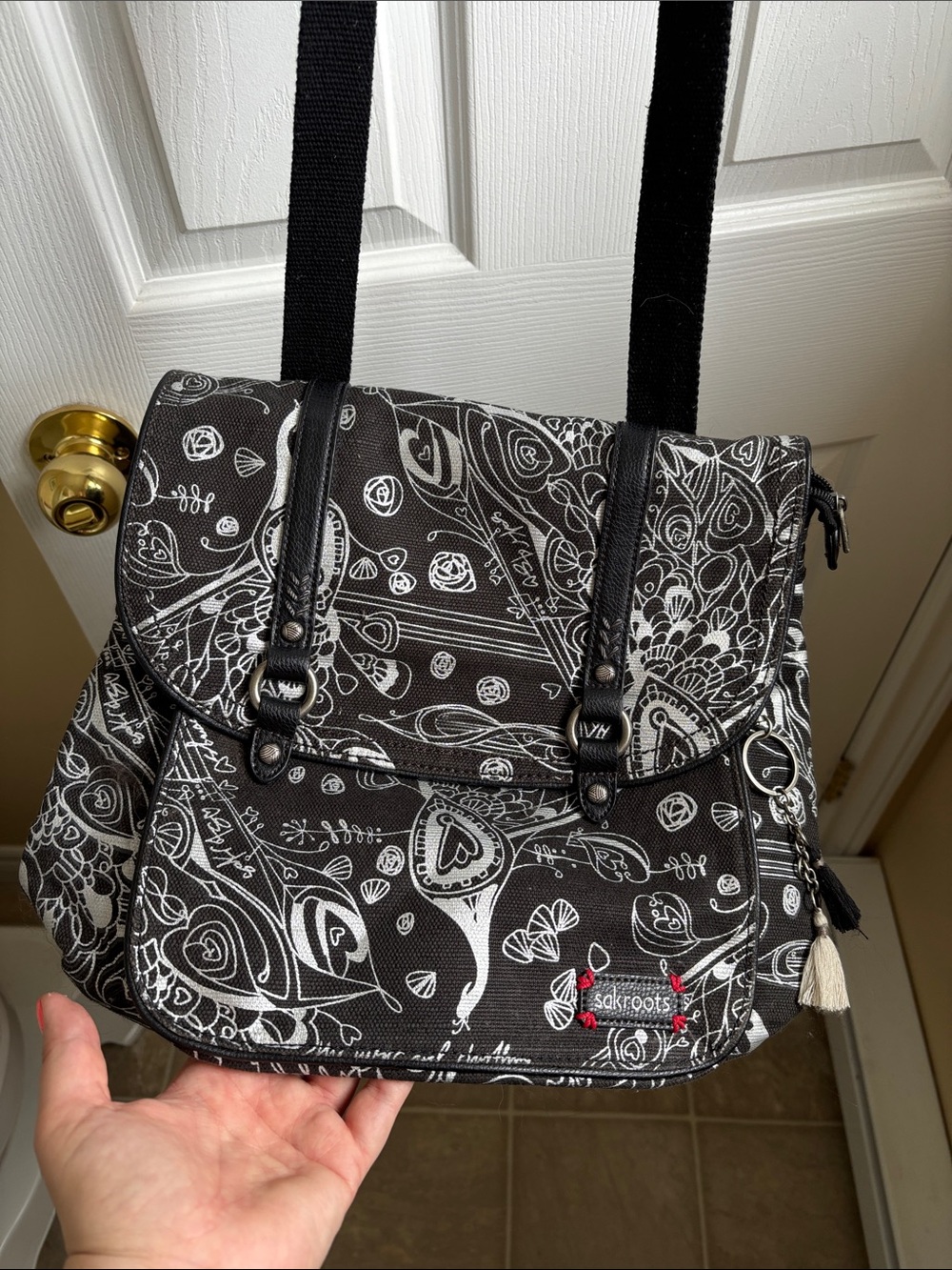 Sakroots Black & Silver Printed Shoulder Convertible Crossbody Bag Backpack